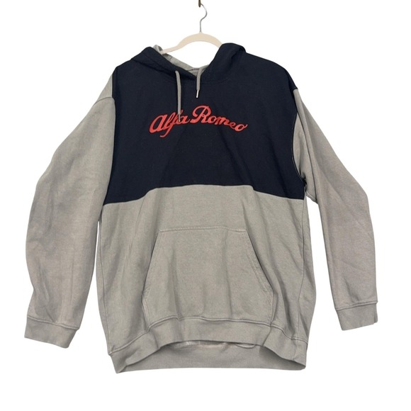 Alfa Romeo Hoodie Mens 2XL Gray Navy Pullover Fleece Logo Car Kangaroo Pocket